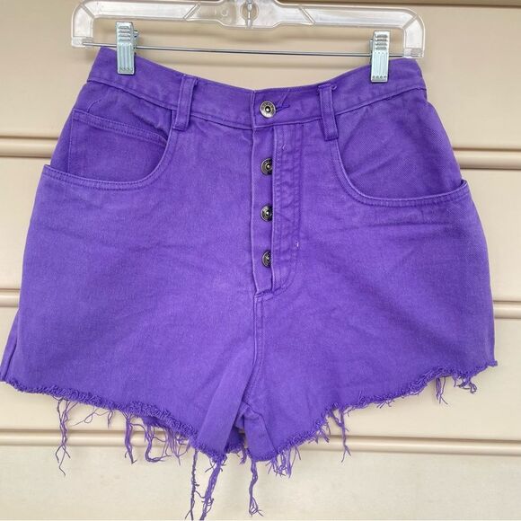 Vintage Bill Blass High Button Waist Purple Denim Distressed Shorts Size 10 - Picture 1 of 11